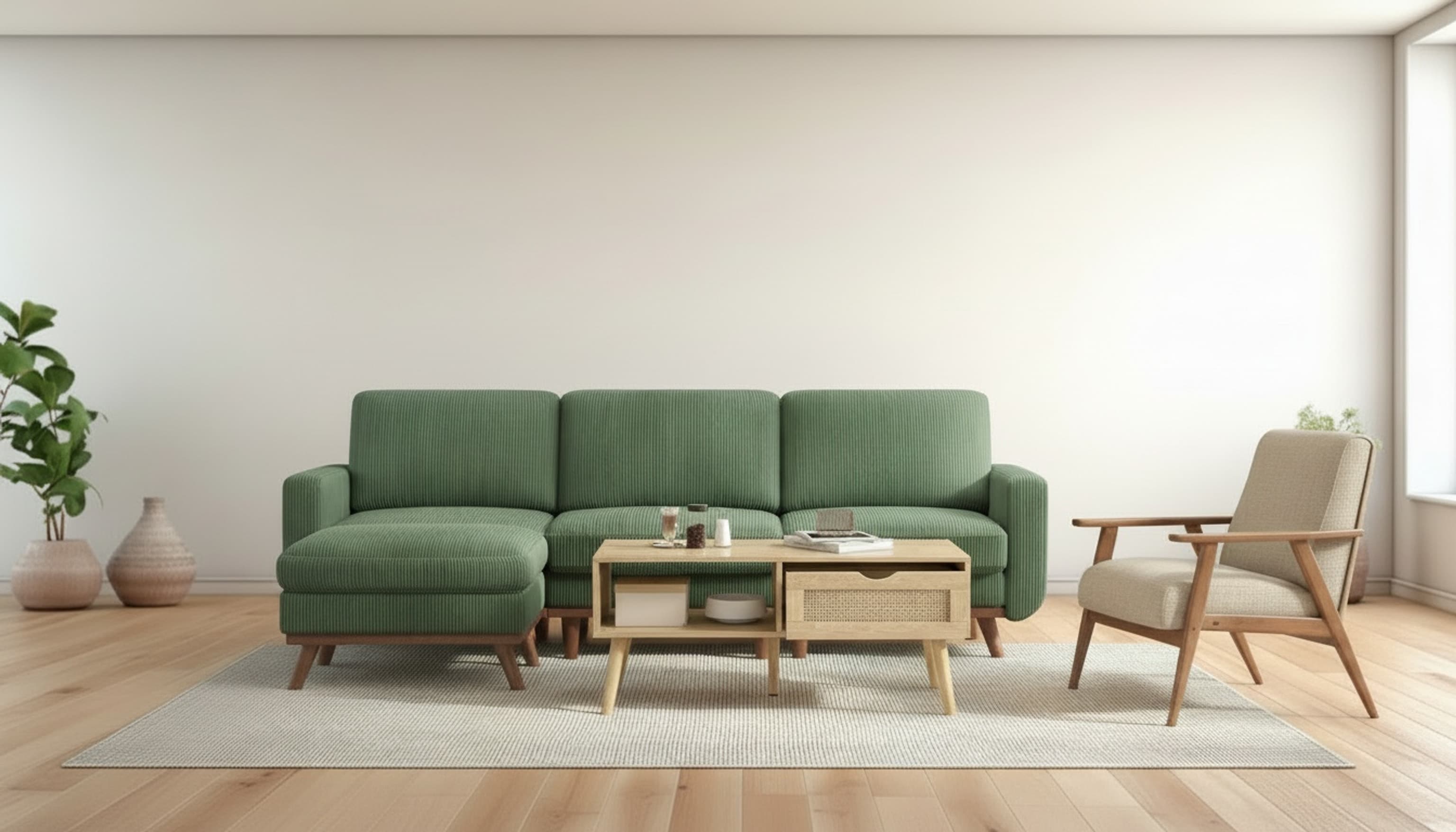 The same living room staged with a green sectional sofa, armchair, and coffee table